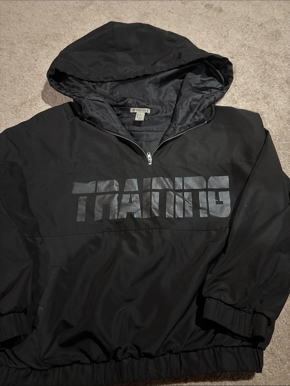Forever 21 Black Hooded Windbreaker with 'TRAINING' Graphic